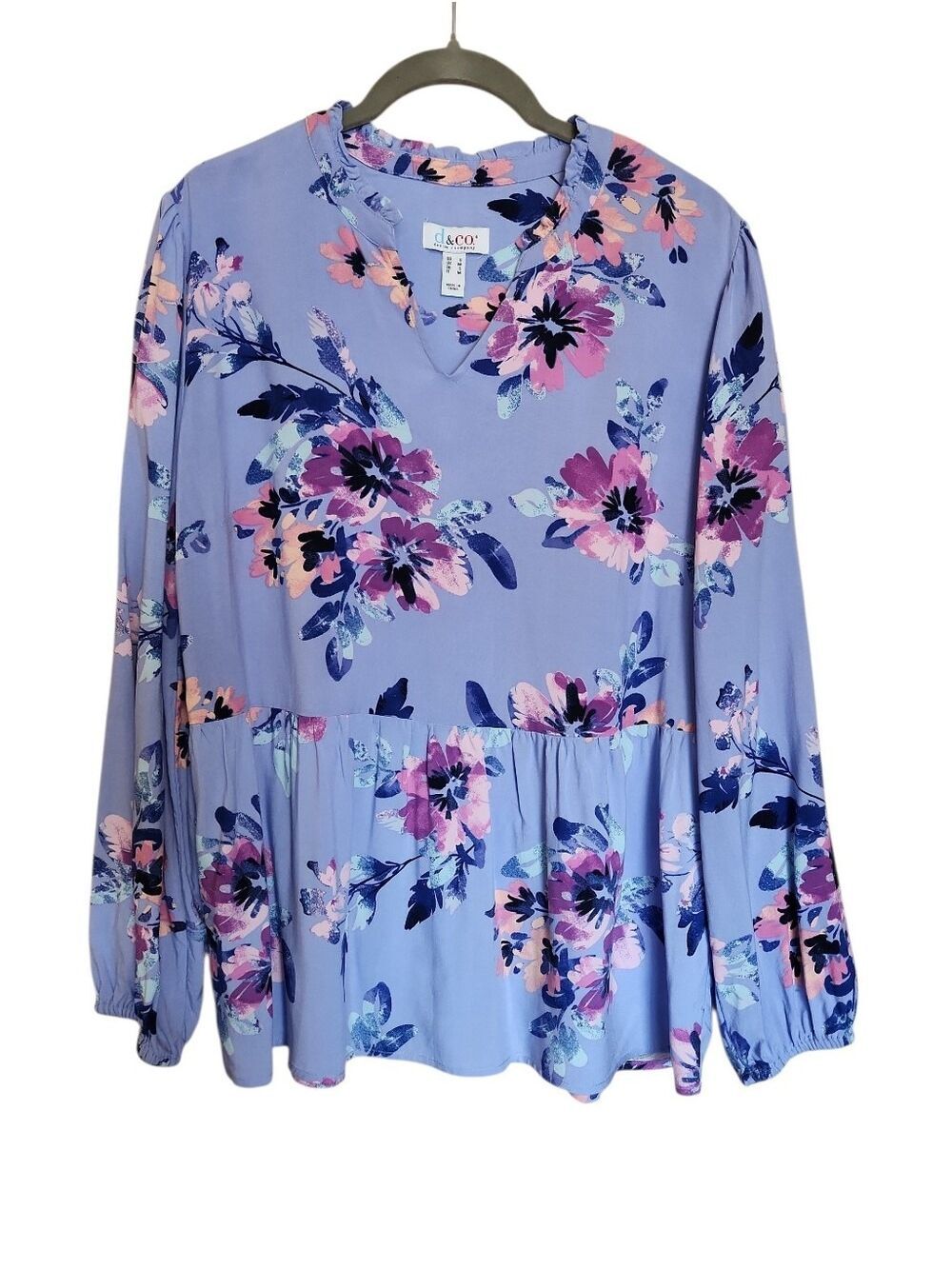 DENIM & CO FLORAL PERIWINKLE V NECK RUFFLE BOHO OVERSIZED BLOUSE SMALL LIKE NEW